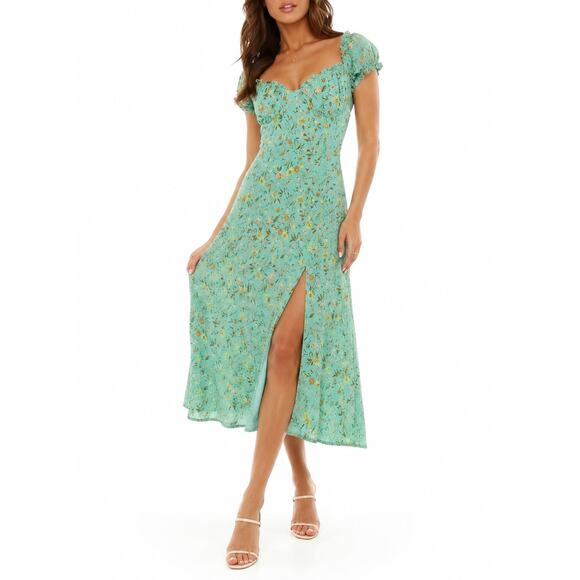 Hello Molly Dresses & Skirts - Hello Molly Single Status Green Floral Puff Sleeve Midi Dress Size Medium